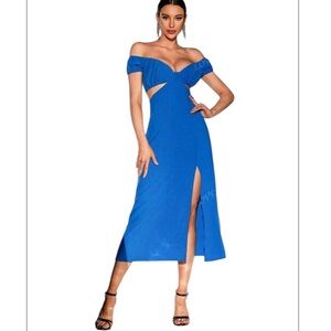 Elegant Blue Off-Shoulder Dress maxi open cross back Large 
NWT
